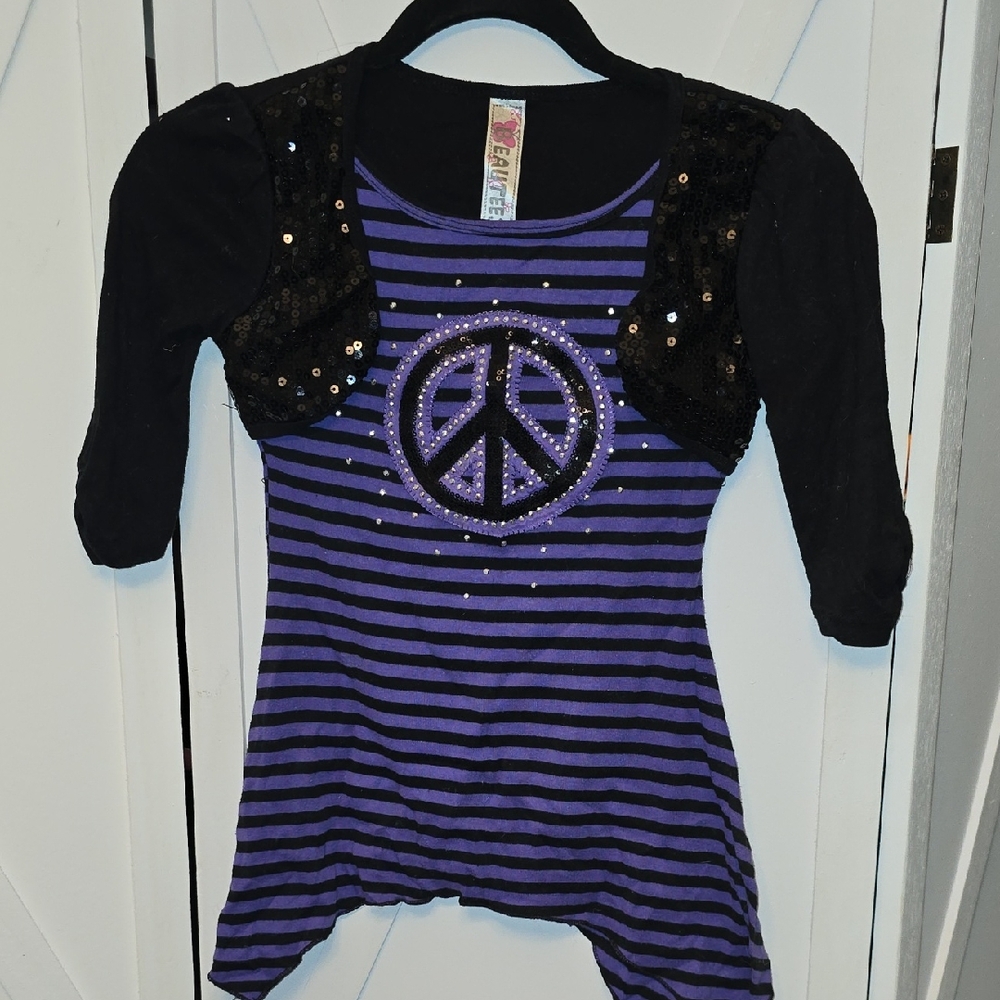 Beautees Purple and Black Striped Long Sleeve Tee